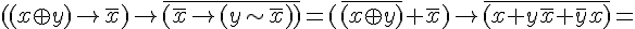 https://www.cyberforum.ru/cgi-bin/latex.cgi?((x\oplus y)\rightarrow\bar{x})\rightarrow\bar{(\bar{x}\rightarrow(y\sim\bar{x}))}=(\bar{(x\oplus y)}+\bar{x})\rightarrow\bar{(x+y\bar{x}+\bar{y}x)}=