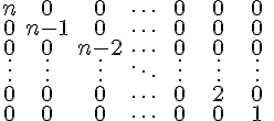 https://www.cyberforum.ru/cgi-bin/latex.cgi?<br />
\begin{matrix}n & 0 & 0 & \cdots & \ 0\ & \ 0\ & \ 0\ \\\\ 0 & n-1 & 0 & \cdots & 0 & 0 & 0\\\\ 0 & 0 & n-2 & \cdots & 0 & 0 & 0\\\\ \vdots & \vdots & \vdots & \ddots & \vdots & \vdots & \vdots\\\\ 0 & 0 & 0 & \cdots & 0 & 2 & 0\\\\ 0 & 0 & 0 & \cdots & 0 & 0 & 1\end{matrix}<br />
