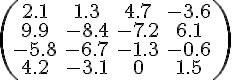 https://www.cyberforum.ru/cgi-bin/latex.cgi?\begin{pmatrix} <br />
2.1 &  1.3 &  4.7 &   -3.6\\ <br />
9.9 & -8.4 &  -7.2 & 6.1\\ <br />
-5.8 & -6.7 & -1.3 & -0.6\\ <br />
4.2 & -3.1 & 0 &    1.5\\ <br />
\end{pmatrix}