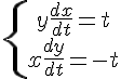 https://www.cyberforum.ru/cgi-bin/latex.cgi?\left\{\begin{matrix}y\frac{dx}{dt}=t\\ x\frac{dy}{dt}=-t\end{matrix}\right.