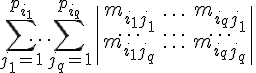 https://www.cyberforum.ru/cgi-bin/latex.cgi?\sum_{j_1=1}^{p_{i_1}}\ldots\sum_{j_q=1}^{p_{i_q}}\begin{vmatrix}m_{i_1j_1} & \ldots  & m_{i_qj_1} \\ \ldots & \ldots &\ldots \\ m_{i_1j_q} & \ldots & m_{i_qj_q} \end{vmatrix}