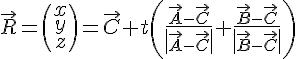 https://www.cyberforum.ru/cgi-bin/latex.cgi?\vec{R}=\begin{pmatrix}x<br />
\\ y<br />
\\ z<br />
\end{pmatrix}=\vec{C}+t\left (\frac{\vec{A}-\vec{C}}{\left | \vec{A}-\vec{C} \right |}+\frac{\vec{B}-\vec{C}}{\left | \vec{B}-\vec{C} \right |}  \right )