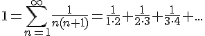 https://www.cyberforum.ru/cgi-bin/latex.cgi?1=\sum_{n=1}^{\infty}\frac{1}{n(n+1)}=\frac{1}{1\cdot 2}+\frac{1}{2\cdot 3}+\frac{1}{3\cdot 4}+...