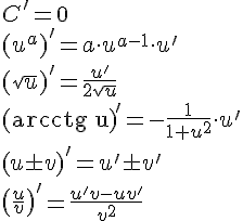 https://www.cyberforum.ru/cgi-bin/latex.cgi?C'=0<br />
{(u^a)}'=a \cdot u^{a-1} \cdot u'<br />
{(\sqrt u)}' = \frac {u'}{2 \sqrt u}<br />
{(\operatorname {arcctg} u)}' = -\frac 1{1+u^2} \cdot u'<br />
<br />
{(u \pm v)}' = u' \pm v'<br />
{\left( \frac uv \right)}'=\frac {u'v-uv'}{v^2}