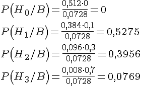 https://www.cyberforum.ru/cgi-bin/latex.cgi?P\left(H_0/B \right)=\frac{0,512 \cdot 0}{0,0728}=0 \\P\left(H_1/B \right)=\frac{0,384 \cdot 0,1}{0,0728}=0,5275 \\P\left(H_2/B \right)=\frac{0,096 \cdot 0,3}{0,0728}=0,3956 \\P\left(H_3/B \right)=\frac{0,008 \cdot 0,7}{0,0728}=0,0769