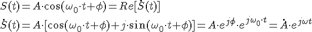 https://www.cyberforum.ru/cgi-bin/latex.cgi?S(t) =  A \cdot \cos(\omega_0 \cdot t + \phi) = Re[\dot S(t)]<br />
\dot S(t) = A \cdot[\cos(\omega_0 \cdot t + \phi) + j \cdot \sin(\omega_0 \cdot t+ \phi) ] = A \cdot e^{j\phi} \cdot e^{j\omega_0 \cdot t}  = \dot A \cdot e^{j\omega t} 