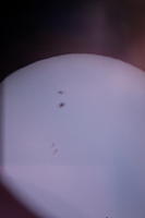 Солнце через солнечный фильтр. На самом деле выглядит белым (с пятнами) на чёрном фоне. Красный оттенок - это просто засветка фотоаппарата сбоку.